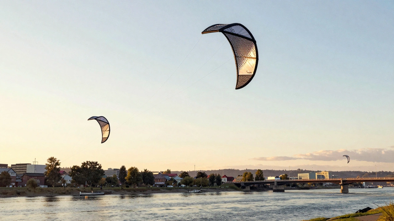 A Delta Micro kite banking sharply over a riverfront path, with two other kites in motion nearby.