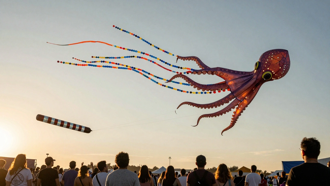 A giant octopus kite with 100 colorful beaded streamers and a glowing drogue captivating a festival crowd.