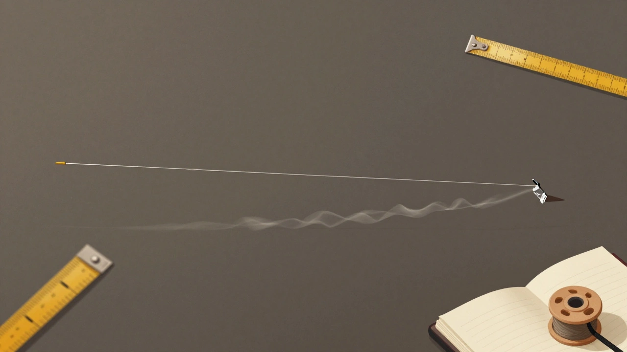 A kite balanced on a string with small foil weights on its tail, surrounded by measurement tools in soft natural light.