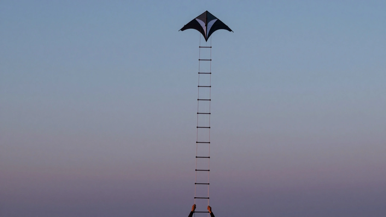 A kite climbing a vertical sequence of six clean backflips, resembling an aerial ladder in twilight air.