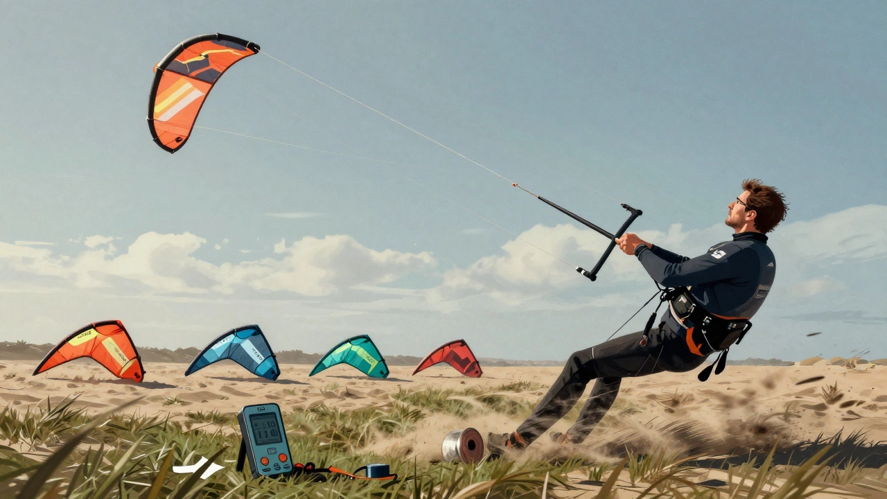 A kite soaring violently in a gust while the pilot leans back, with three pre-rigged kites and an anemometer visible on the sand.
