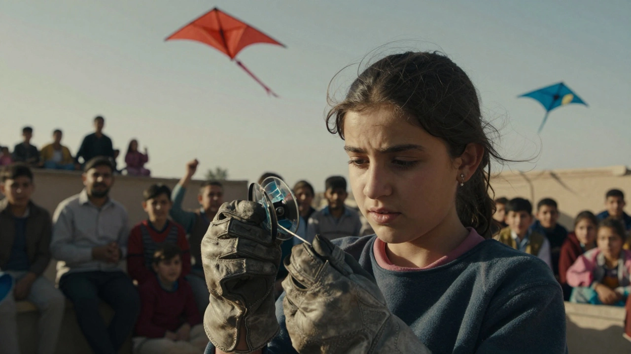 A young Afghan girl in gloves concentrating on her kite spool as others soar above her in the sky.