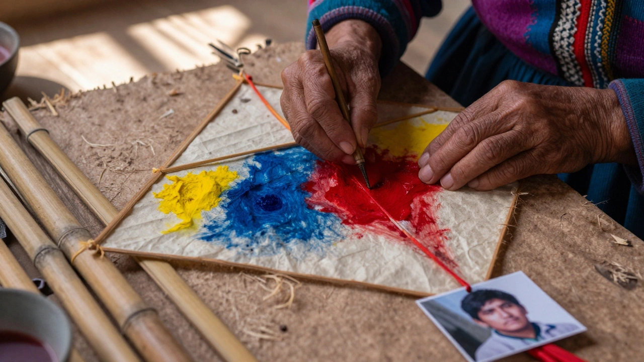 An elderly woman painting a traditional Peruvian kite with natural dyes, a photo attached to its tail.