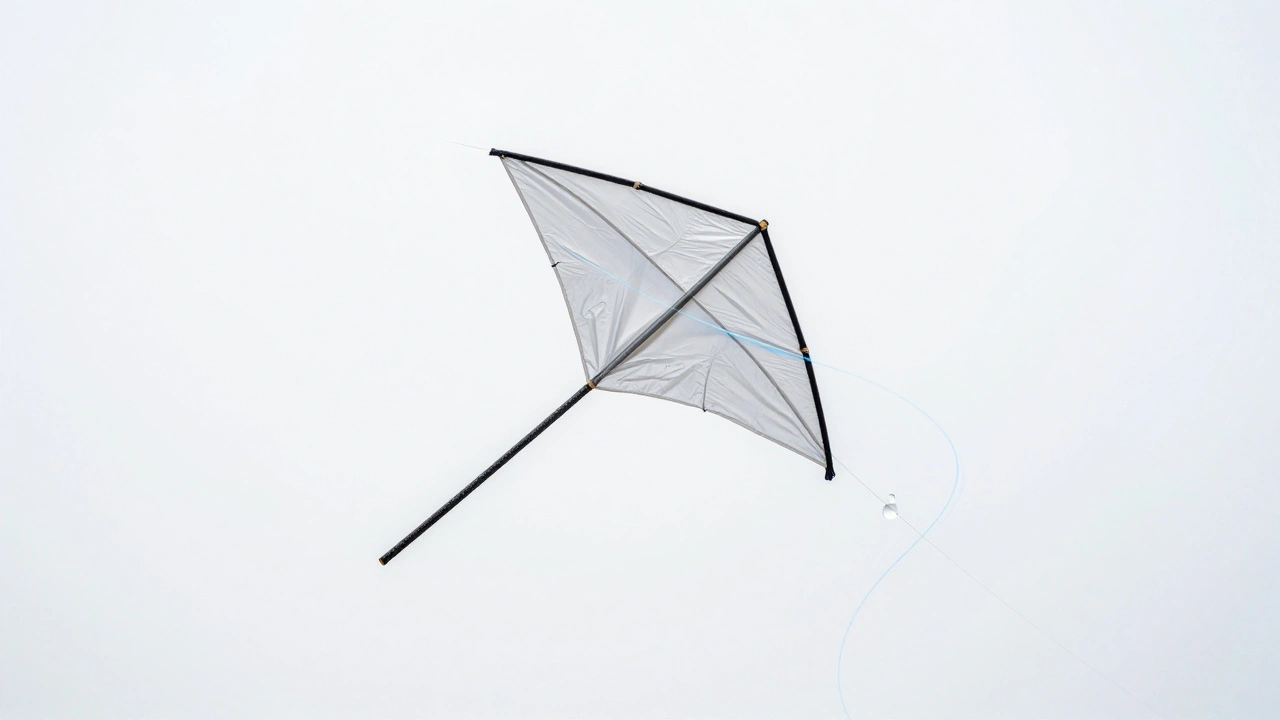 An ultra-small Mylar kite suspended in air, with faint air currents swirling around it against a white background.