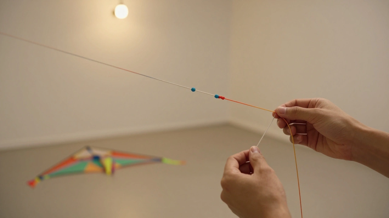 Close-up of kite lines with colored tape being untangled by hands in a quiet indoor space.