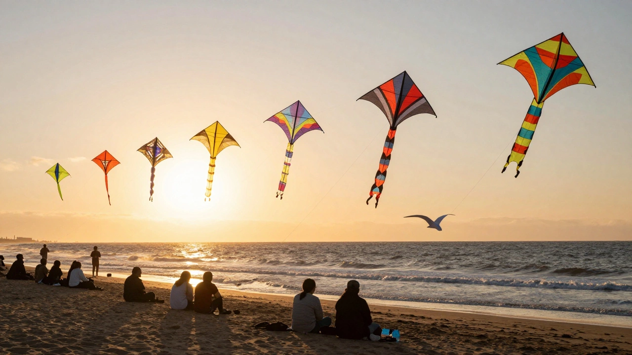Colorful diamond-shaped kites flying over ocean waves at sunset, viewed from dunes with a single paper bird kite low near the sand.