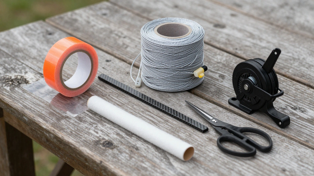 Compact kite repair toolkit laid out on wood, showing tape, line spool, spar, winder, and scissors.