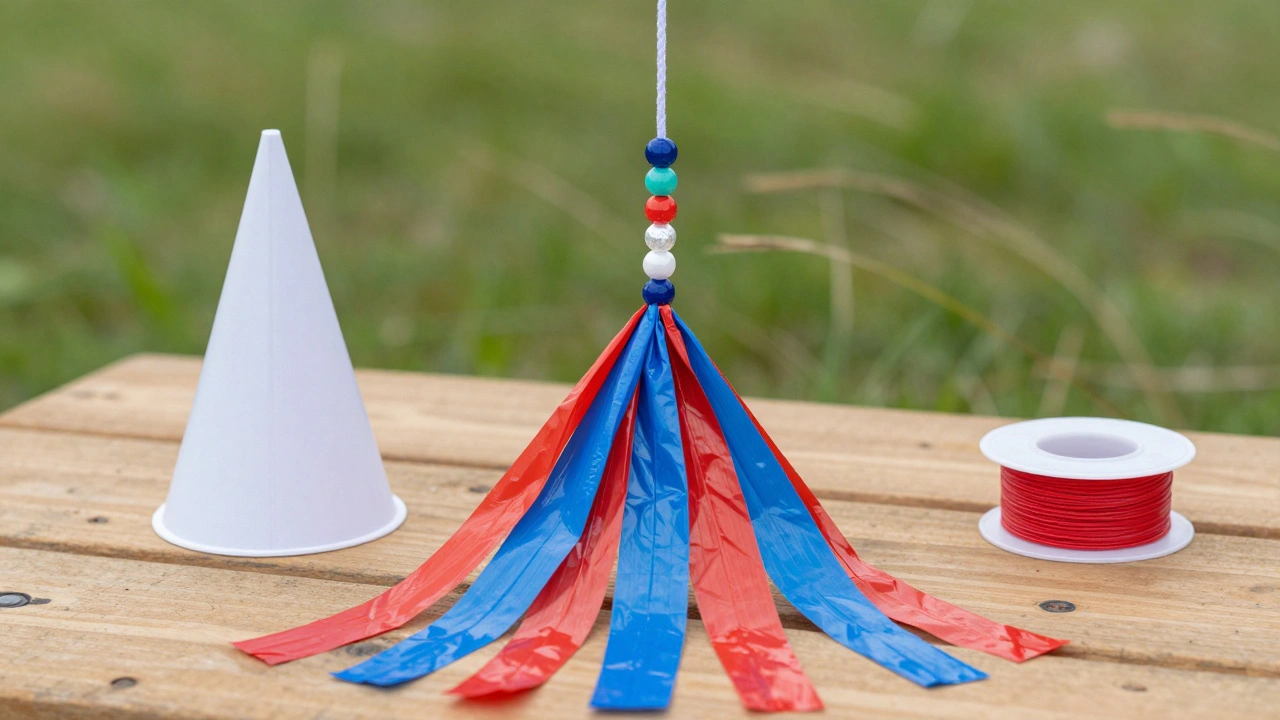 DIY kite tail made of painted plastic strips and beads next to a conical drogue and flying line on a wooden table.