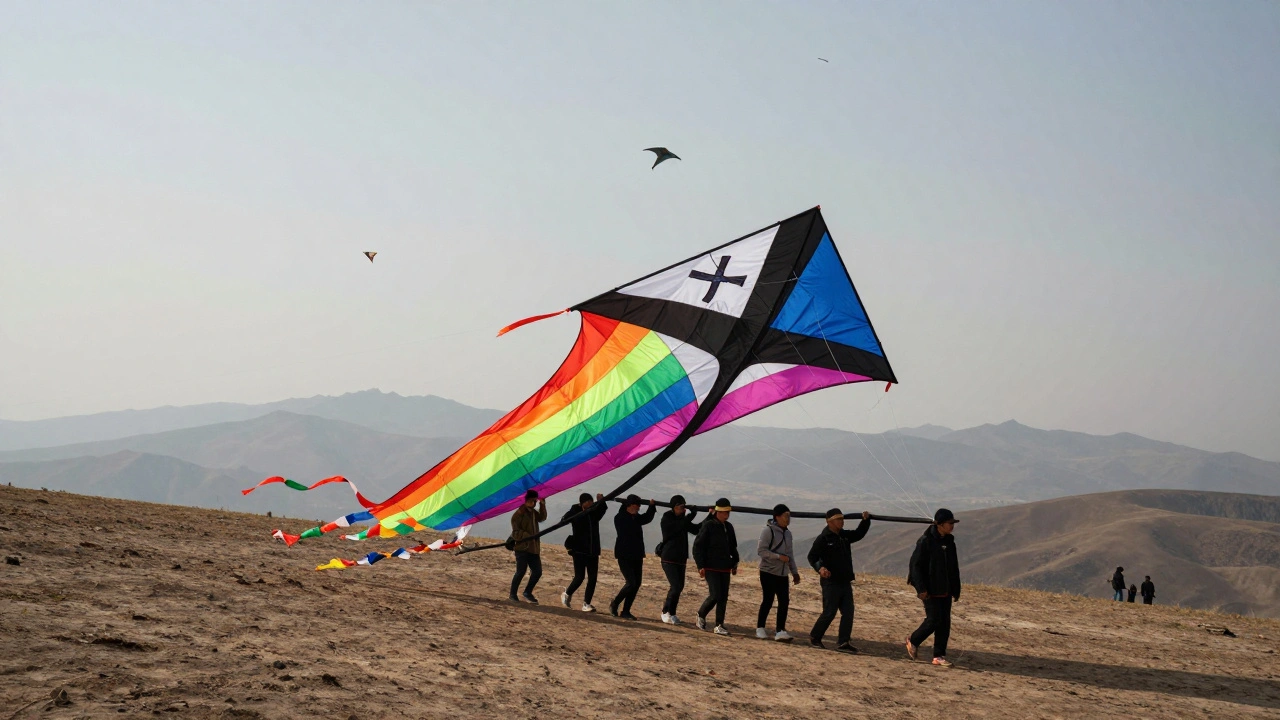 Seventeen people carrying a giant 12-meter kite up a hill to release it as prayers rise into the sky.