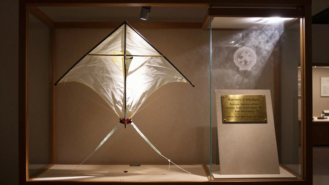 The winning kite from the Afghan National Kite Championship displayed in the National Museum with its preserved string.