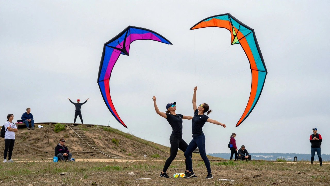 Two stunt kites spinning away from each other in mid-air like dancers, with a pilot in motion on a hillside viewing platform.