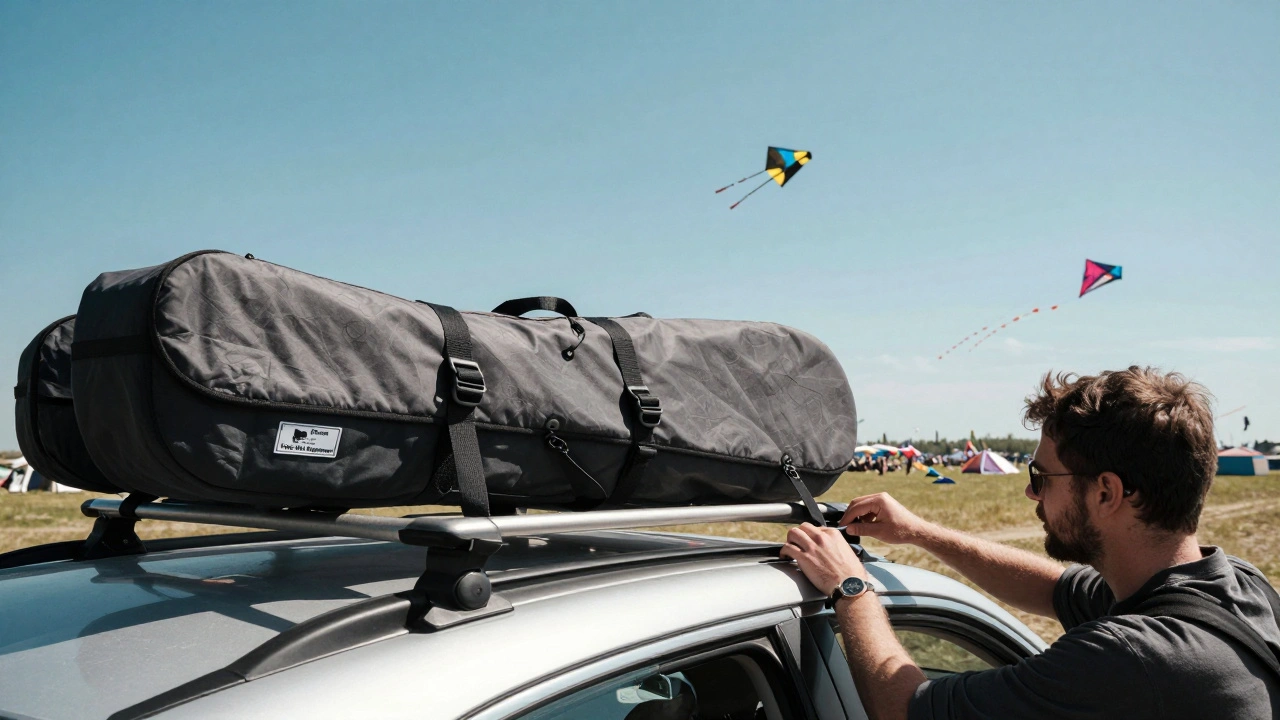 A car with padded kite cases secured on a roof rack, ready for a long trip to a kite competition.