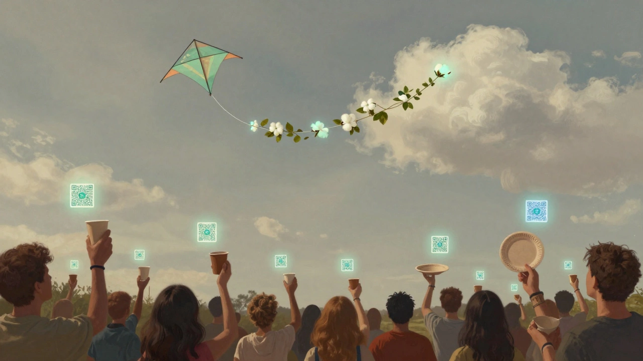 A cotton kite string transforming into leaves and flowers as it rises into the sky, with attendees holding reusable items below.
