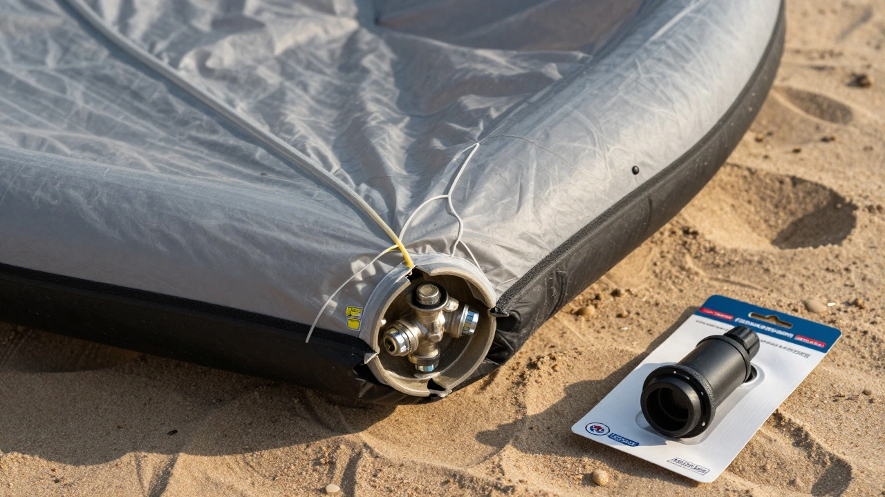 A cracked valve housing with temporary sealant next to a new replacement valve on a kite bladder.