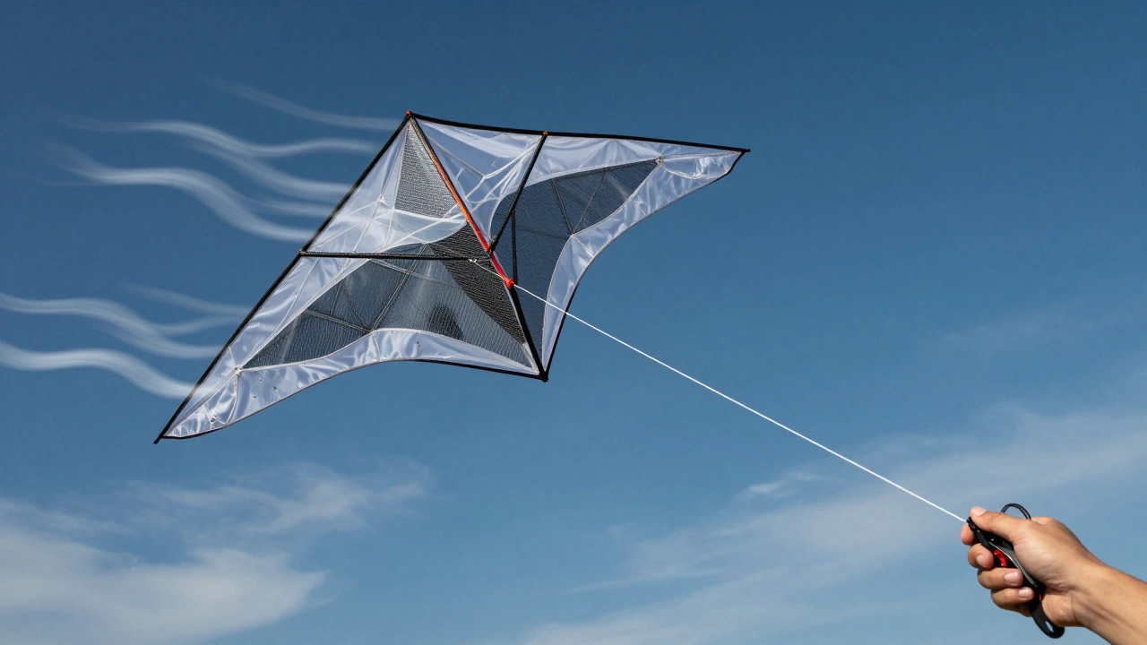 A delta kite in flight with cutaway view showing internal frame, bridle, and flying line mechanics.