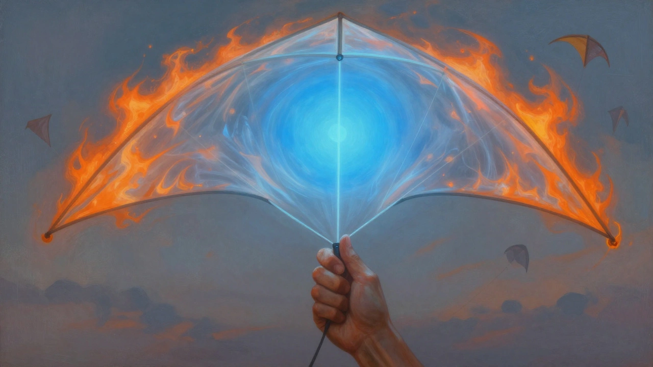 A hand gripping a kite line as the wind window glows with blue stability in the center and orange energy at the edges.