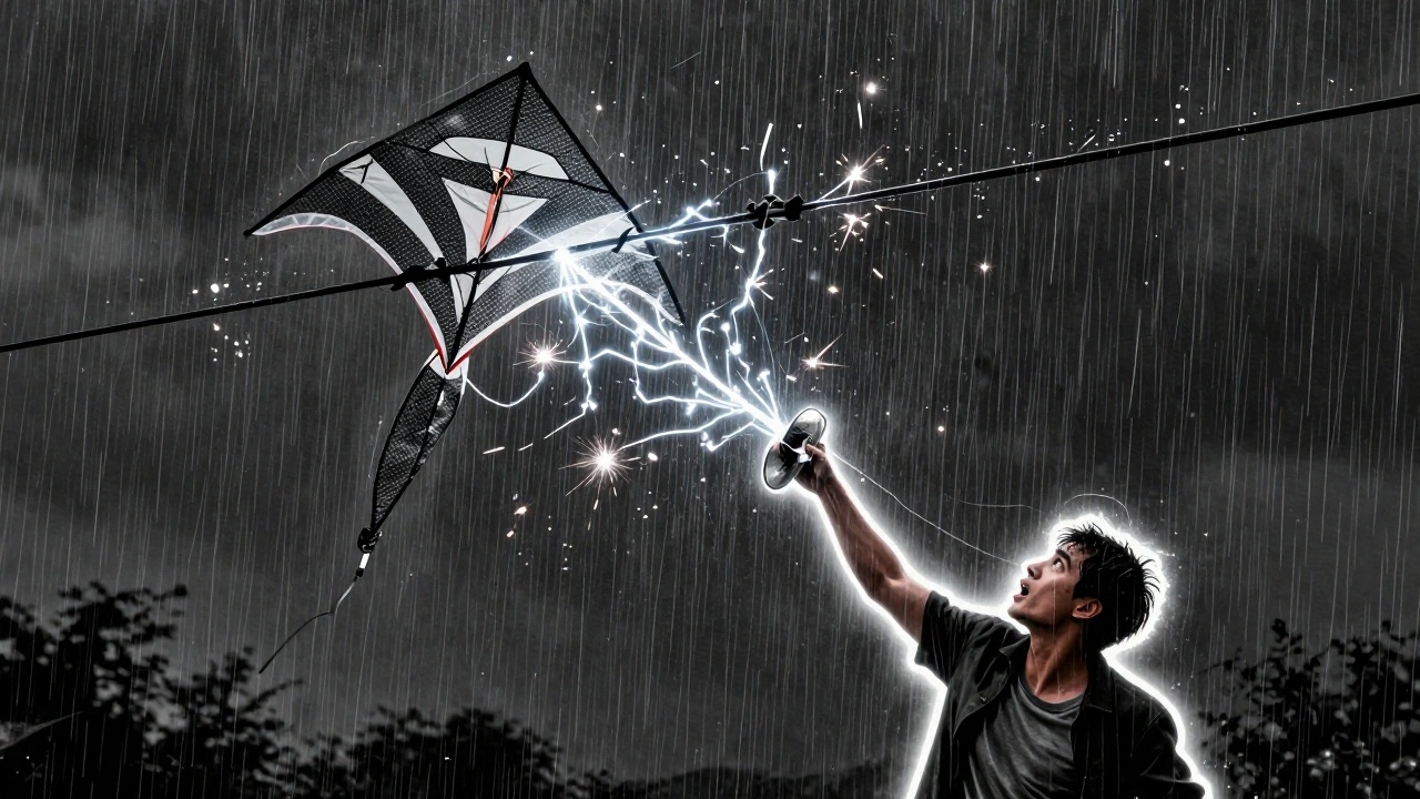A kite entangled in a power line during a storm, with violent electrical sparks jumping between the line and frame.