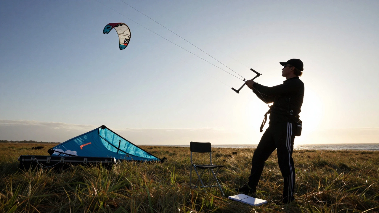 A kite flyer testing lines on a coastal field at dawn, with backup gear and tools nearby.