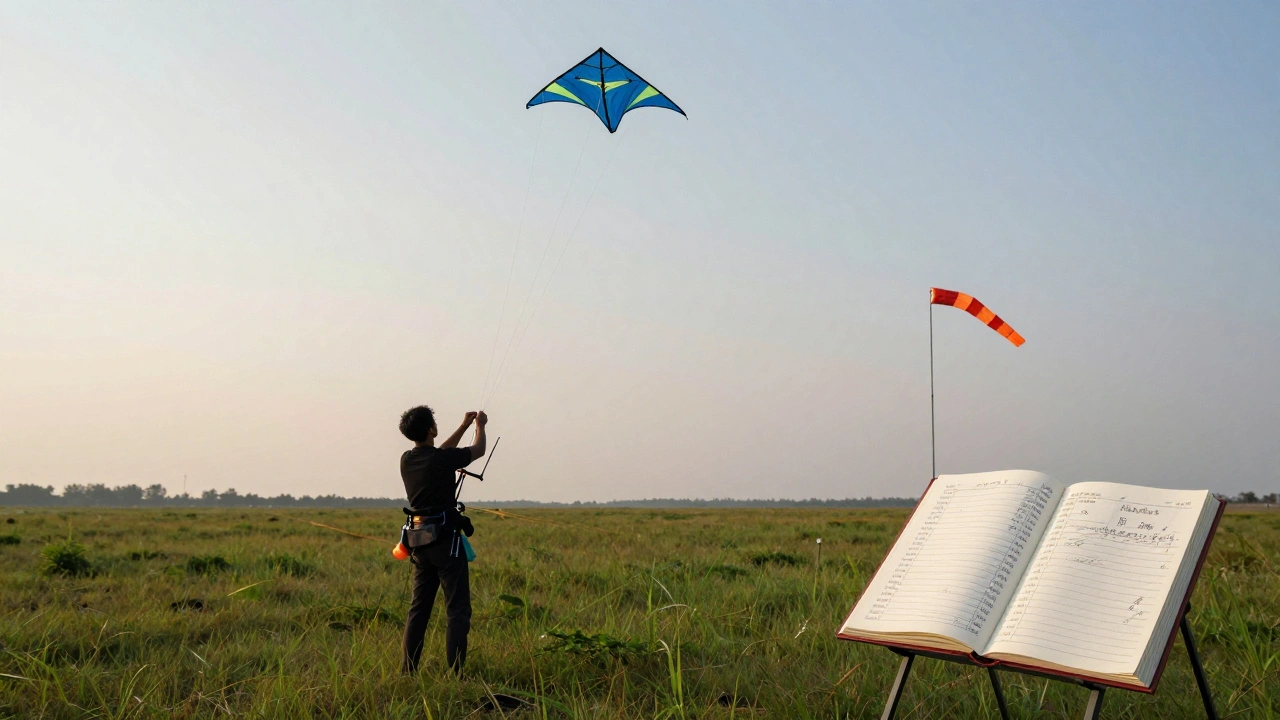 A kite pilot measuring flying lines with colored tape markers on a grassy field at dawn.