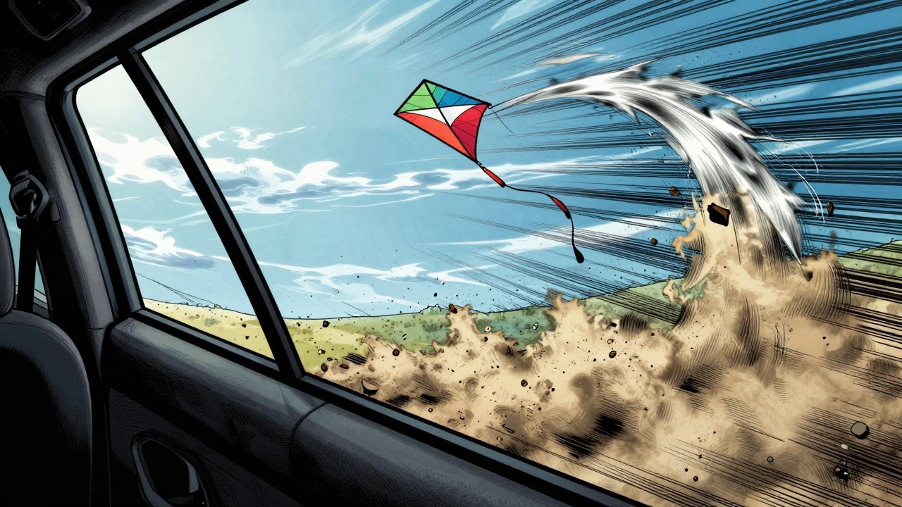 A kite speeding along the edge of the wind window, executing a sharp diagonal cut with intense motion and wind turbulence.