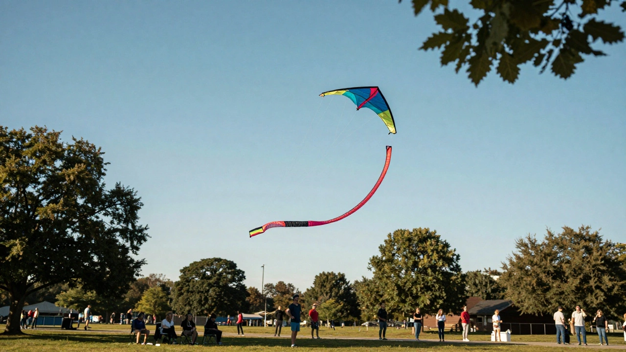 A skilled flyer controlling a stunt kite in a figure eight pattern over a park, with onlookers in the distance.