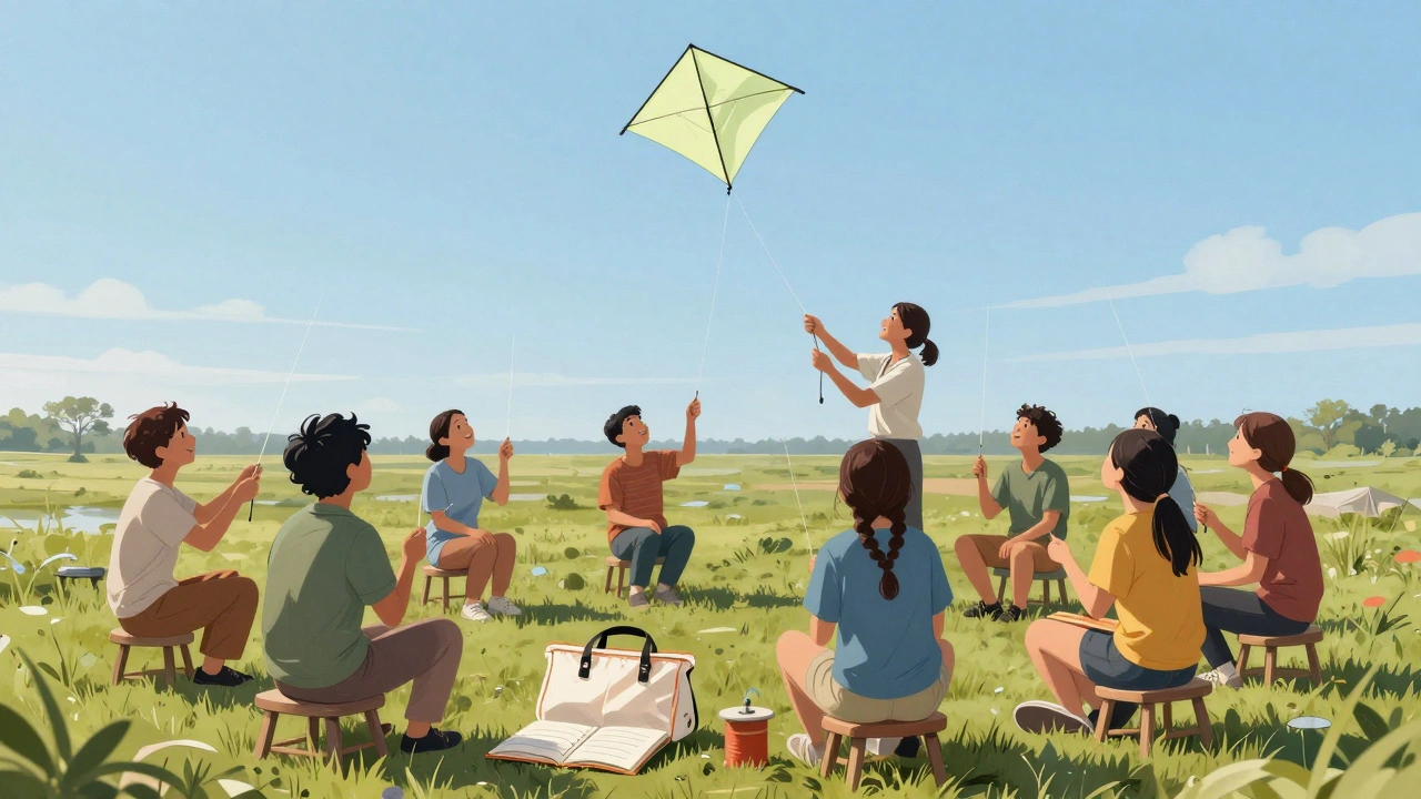 A small group of people learning to fly kites together in a circle during a gentle clinic session.