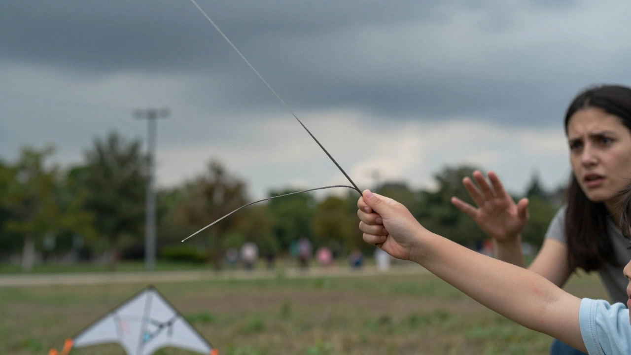 A snapped kite line whipping back toward a child’s hand, with a concerned adult reaching out in emergency.
