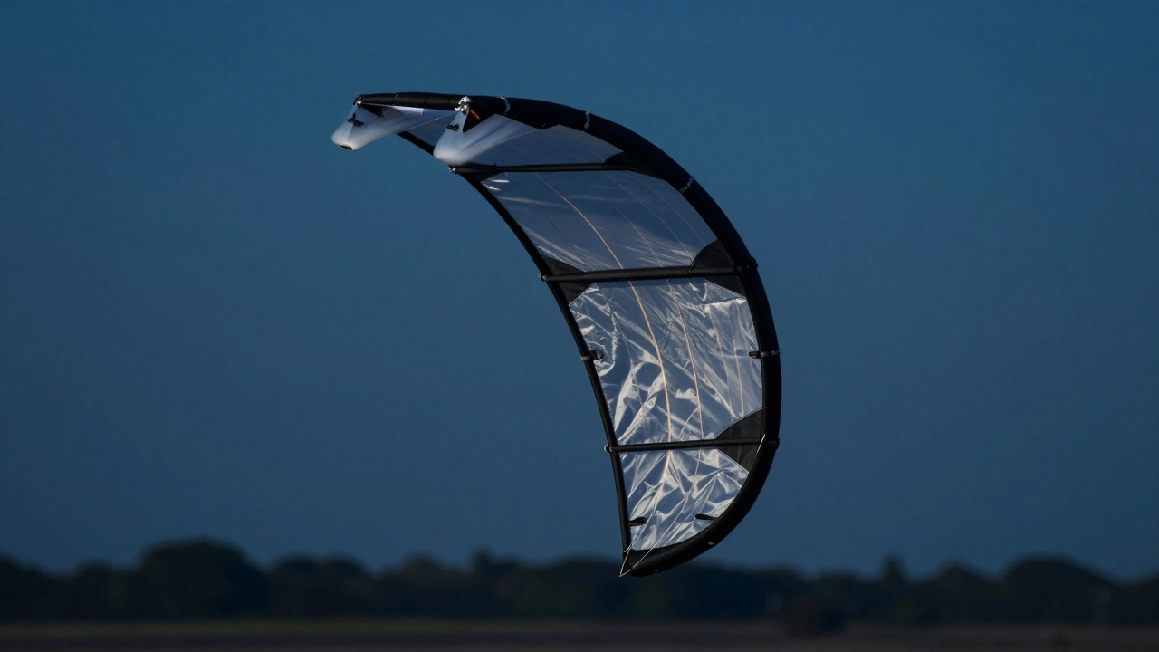 A stunt kite diving with controlled separation zones and vent holes releasing air.
