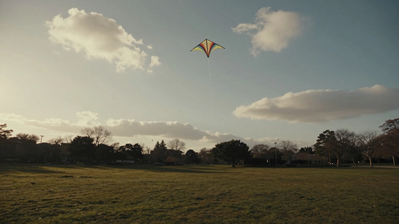 A stunt kite hovering perfectly still in midair above a quiet field, lines perfectly balanced above it.