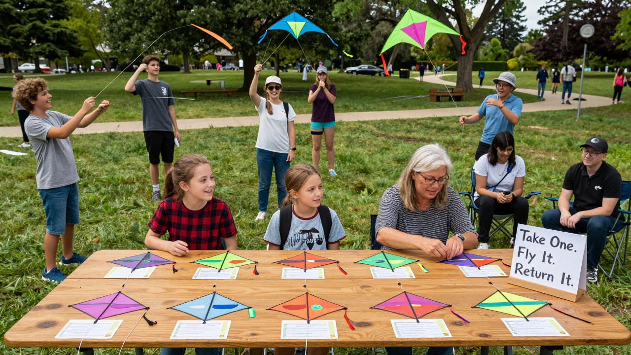 A table with beginner kites and laminated instructions at a public Try-It Day event in a park.