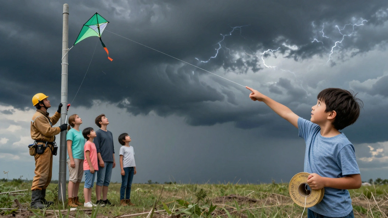 A utility worker safely removing a kite from a power pole while a family watches from a distance.