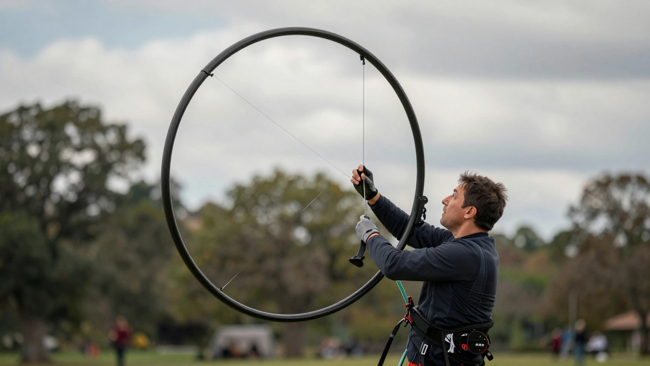 An adult controlling a dual-line kite with precise hand movements, wind lifting the kite in a dynamic arc.