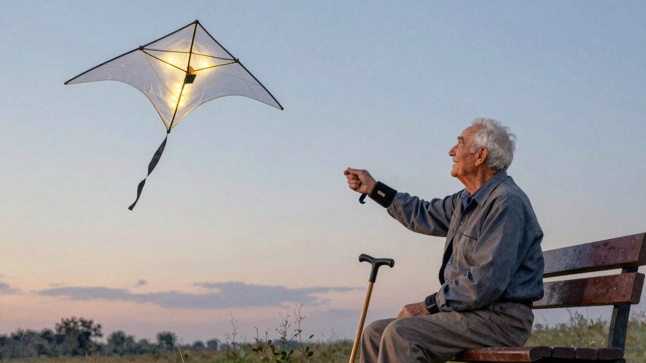 An elderly man flying a glowing box kite at dusk, seated calmly on a bench with a wrist strap for support.