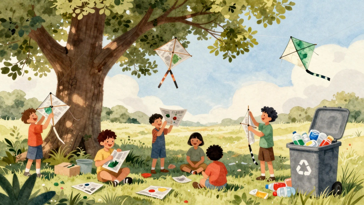 Children building kites from recycled paper and bamboo skewers during a sustainable kite workshop under a tree.