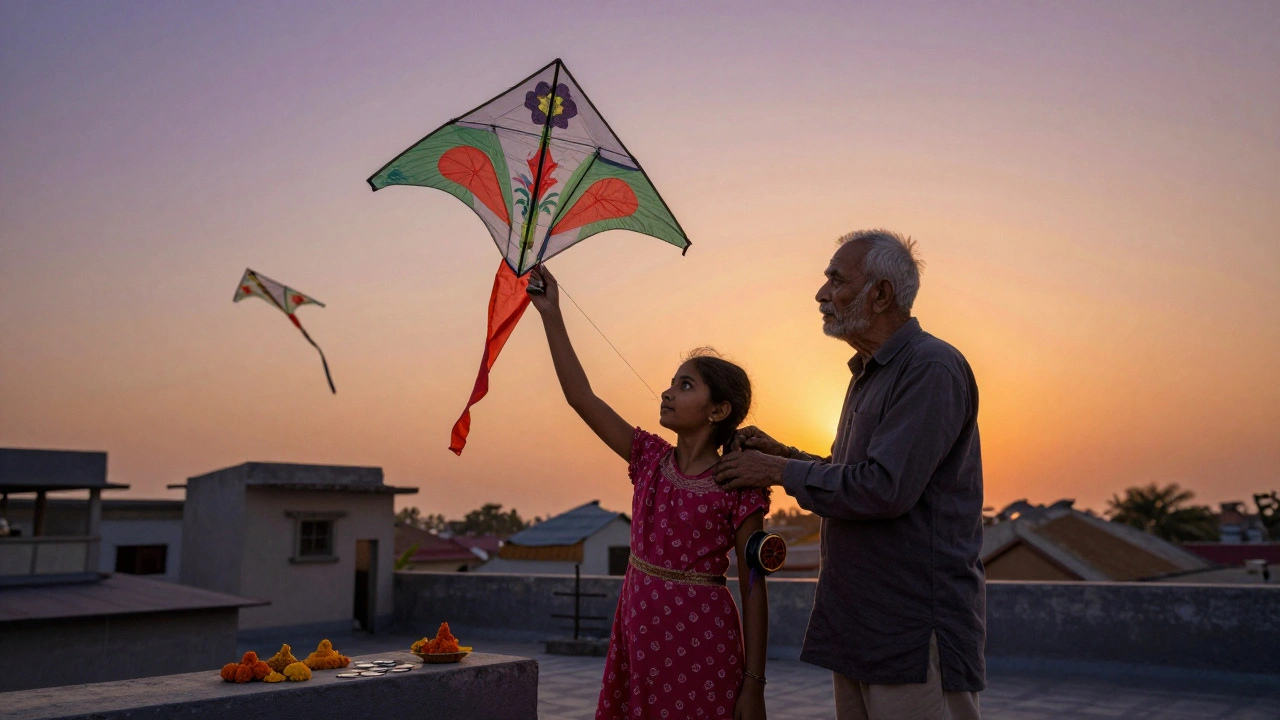 Elderly man and girl on rooftop holding a kite, with offerings and falling kite in background.