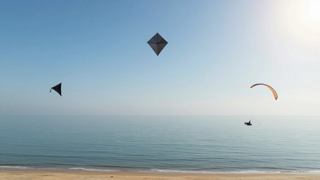 Five classic kite shapes flying together above a beach under a clear blue sky.