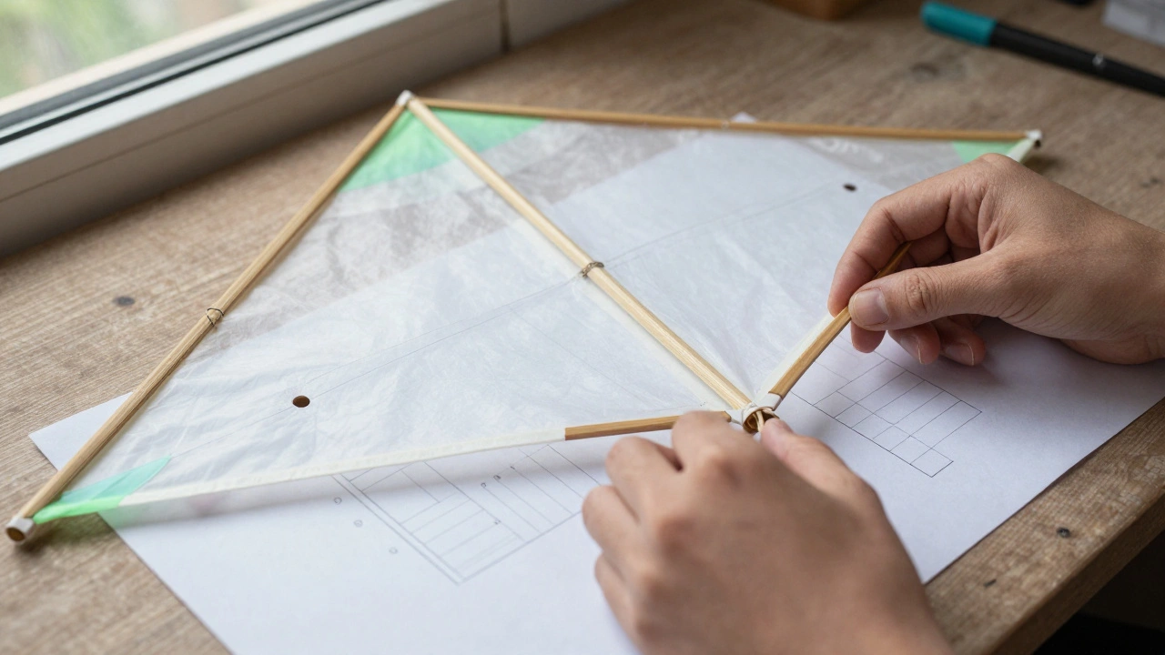 Hands assembling a delta kite using a labeled printable template with bamboo spars and ripstop fabric.