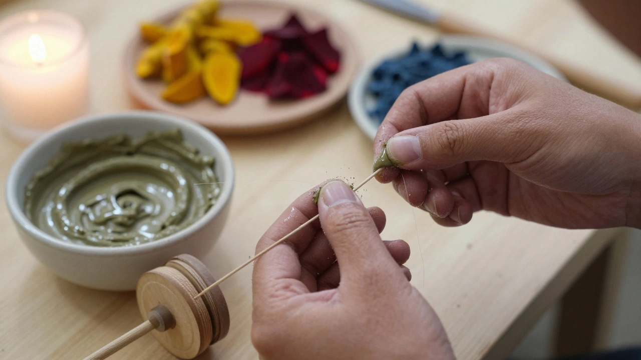 Hands coating cotton thread with ceramic paste to make traditional kite-fighting string.
