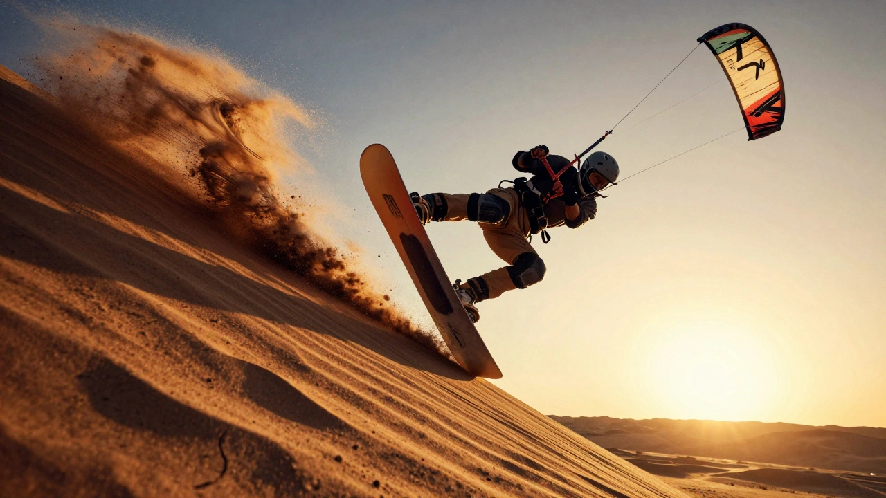 Mountain boarder airborne on a steep slope, kite pulling them upward with dust trailing below.