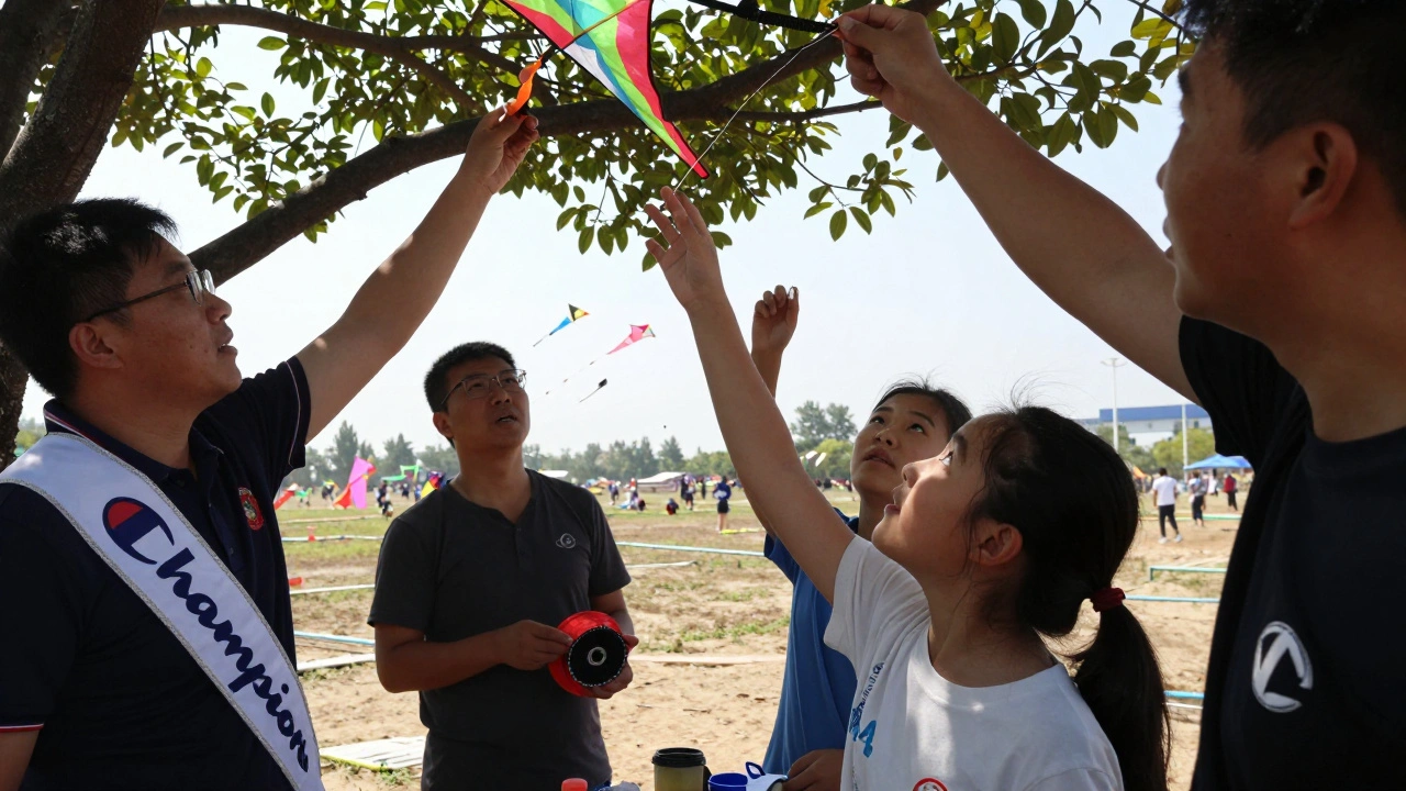 Three adults helping a young girl retrieve her kite from a tree, surrounded by other flyers in a peaceful, cooperative atmosphere.