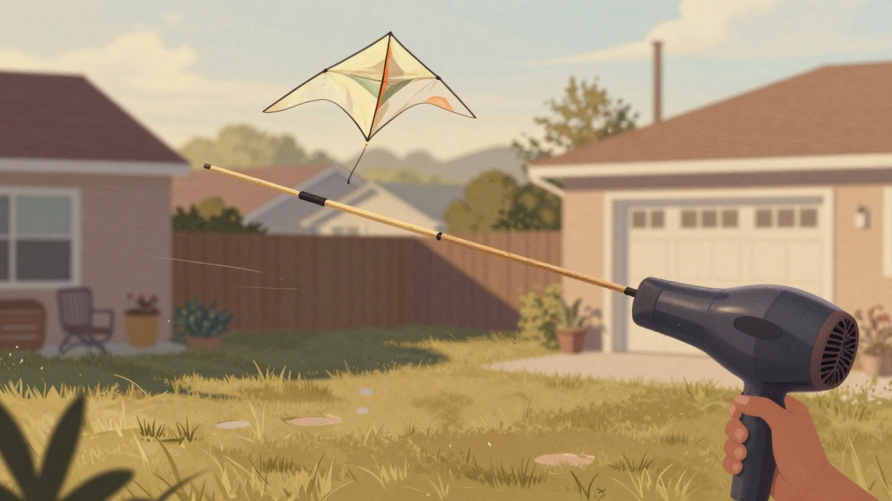 A beginner repairing a bent fiberglass spar with a hairdryer in a backyard, kite hovering steadily overhead.