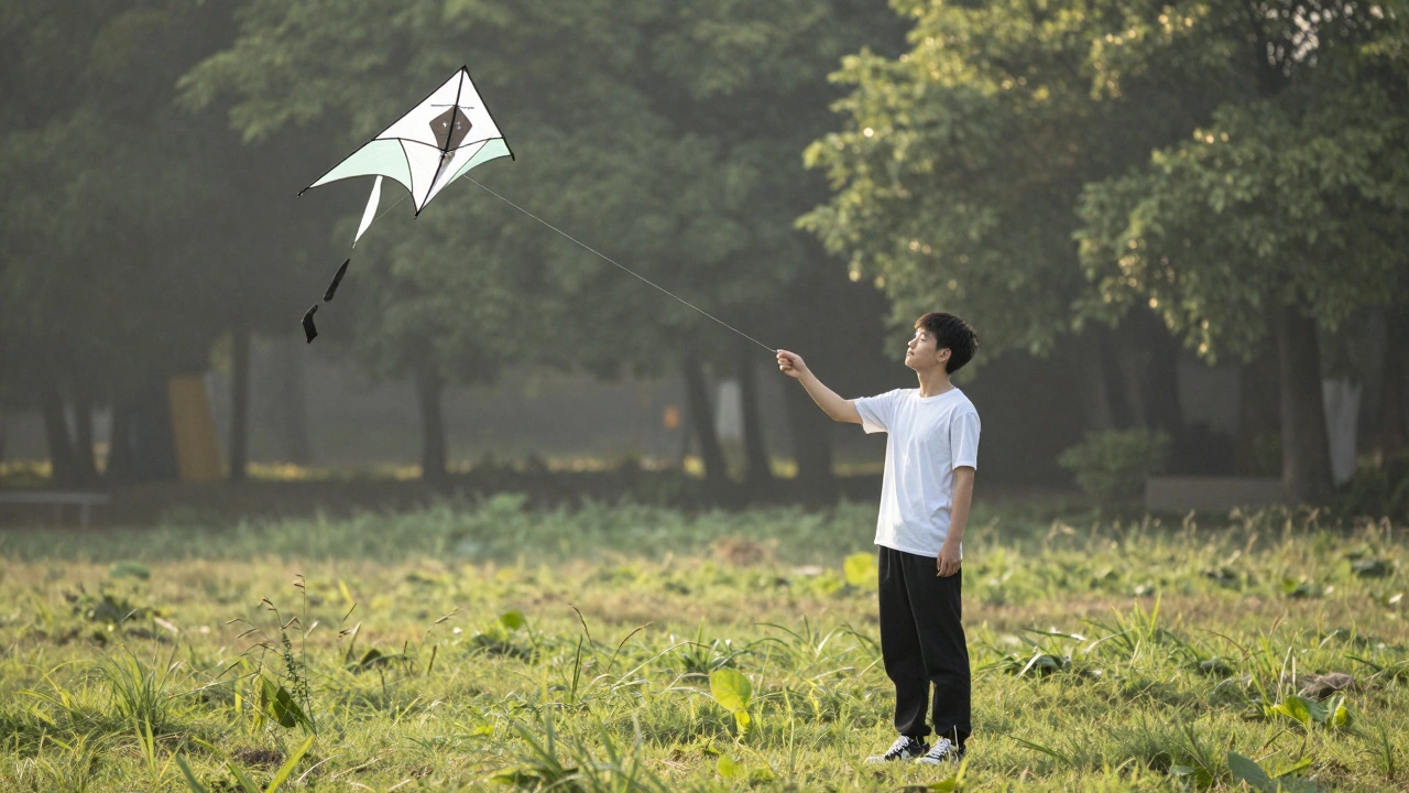 A calm outdoor scene with a lightweight kite gliding in light wind, flyer listening to the line.