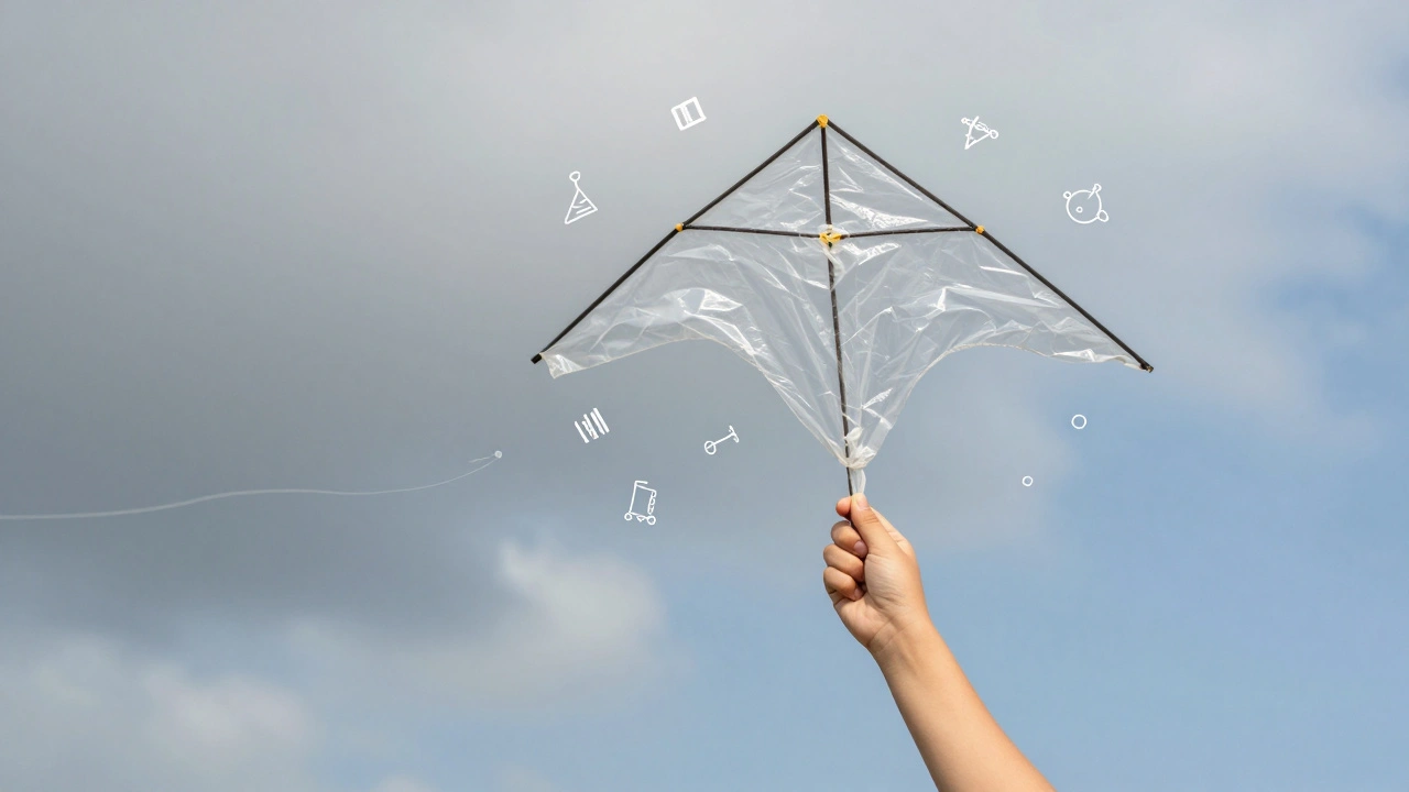 A child's hand holding a recycled plastic bag kite mid-air, with abstract scientific forces floating around it.