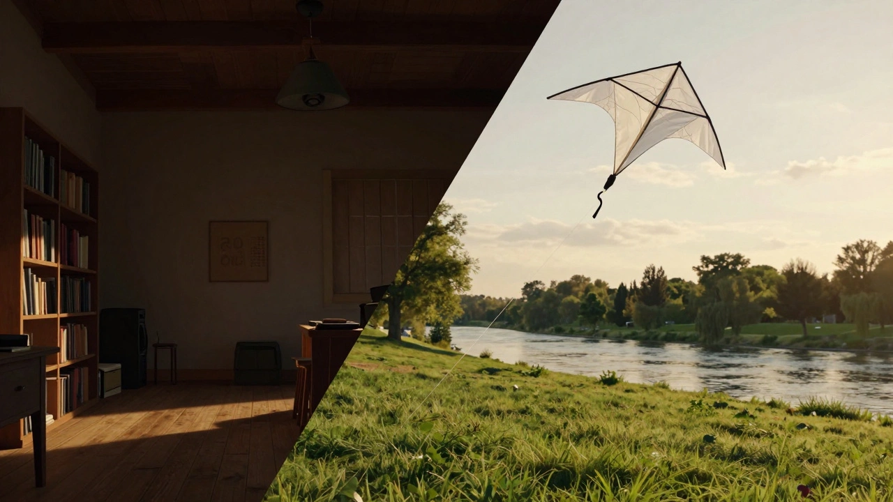 A crossover kite flying simultaneously in a basement and a park, bridging indoor and outdoor environments.