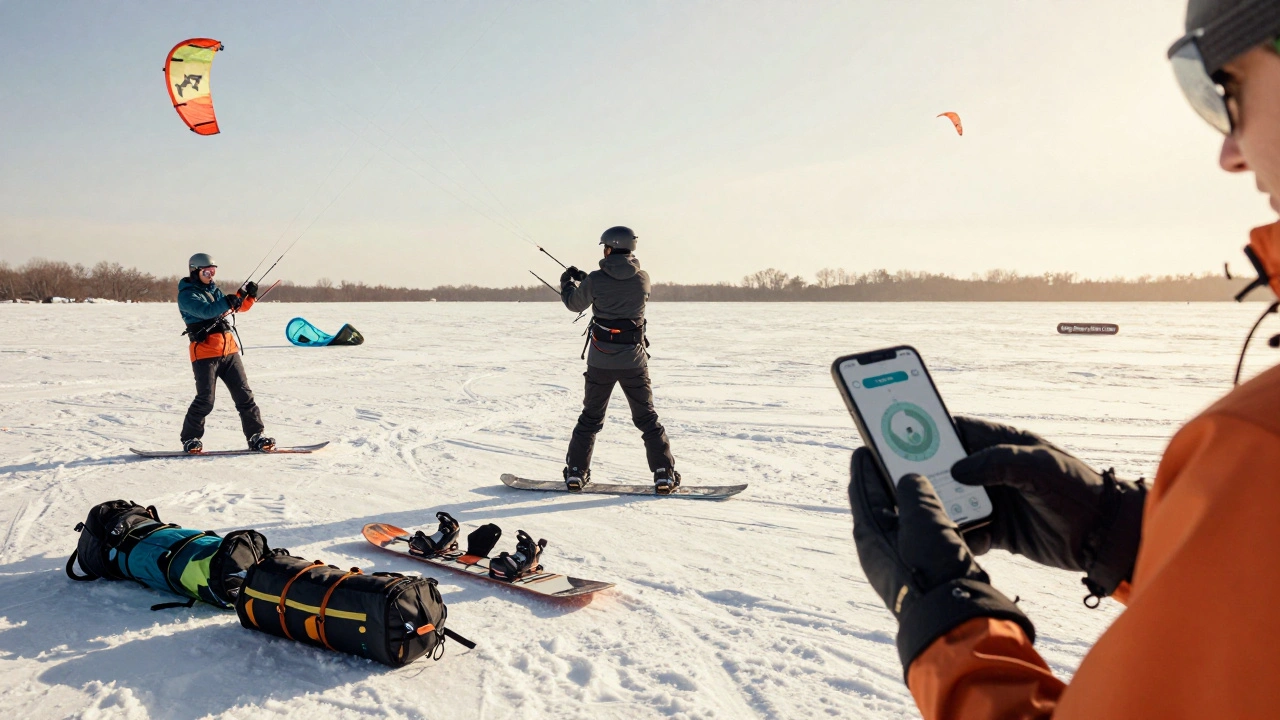 A group of snow kiteboarders practice and prepare on a snowy field, gear laid out, one using a wind meter app, warm light bathing the scene.