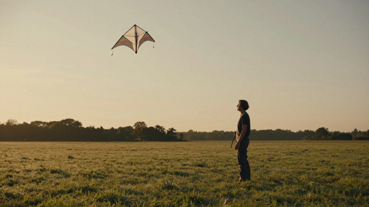 A kite landing softly on its back in a field, flyer standing still with line cutter nearby, evening light illuminating the scene.