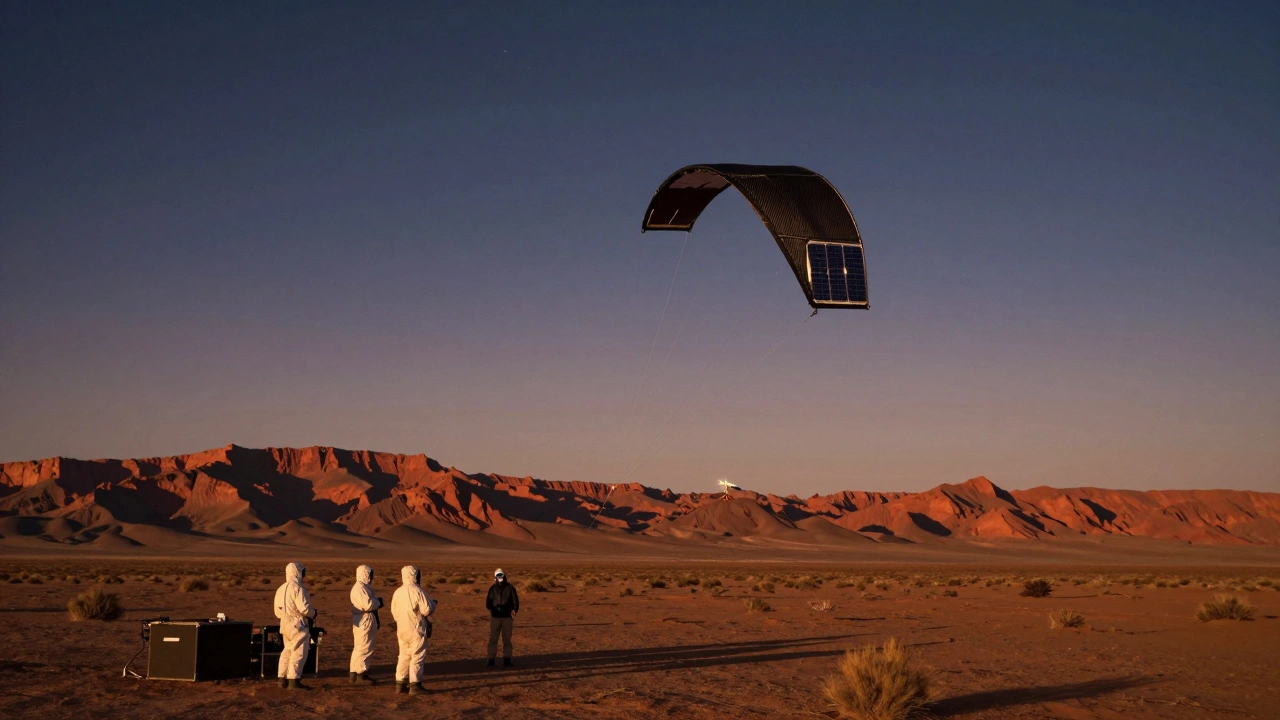 A modern solar-powered kite sampling Mars-like atmosphere in the Utah desert under twilight skies.