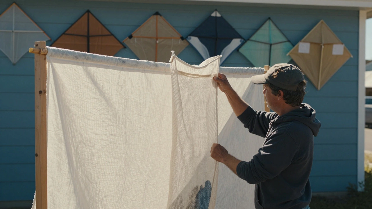 A person storing a resealed kite in a mesh bag with a protective cotton cover, surrounded by other repaired kites.