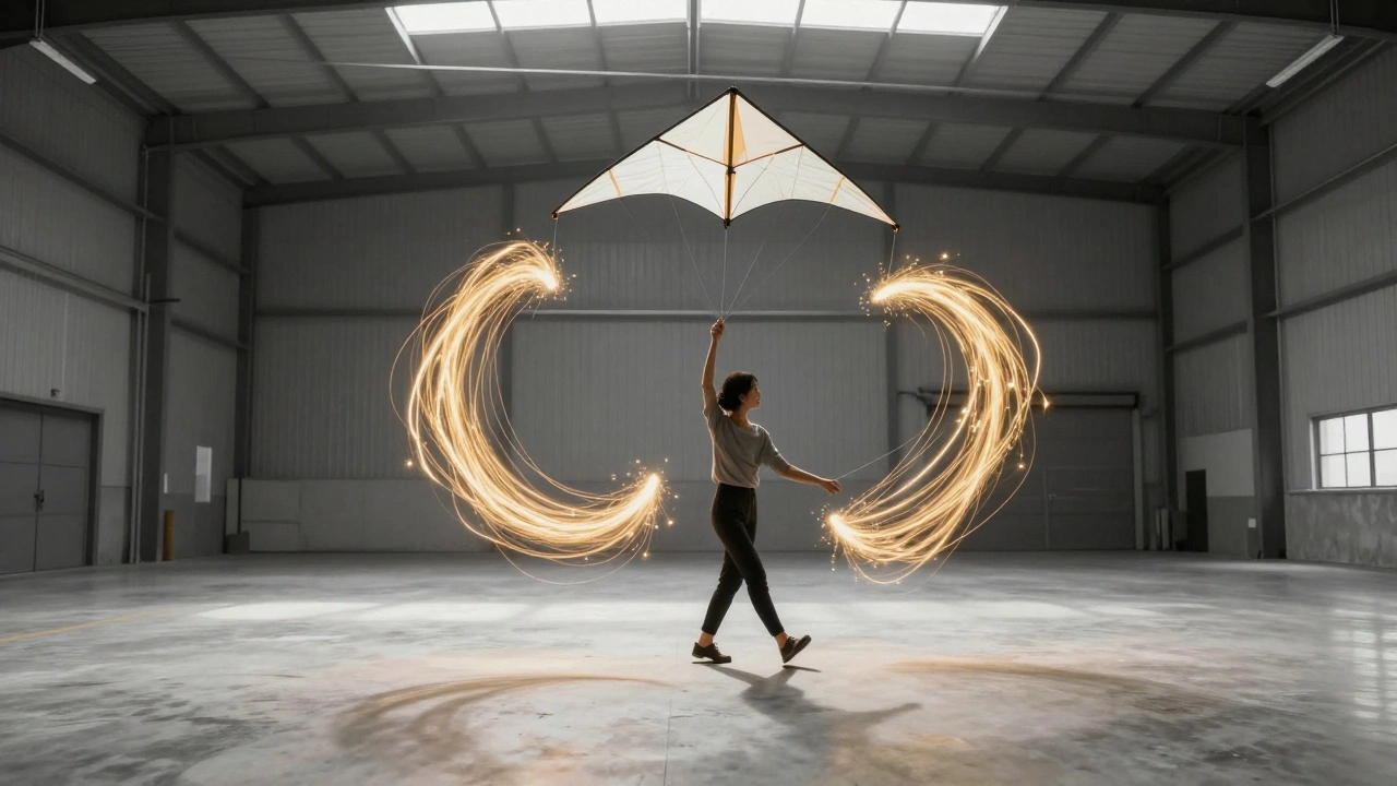A person walking a figure-eight pattern indoors, manipulating a kite with rhythmic hand movements.