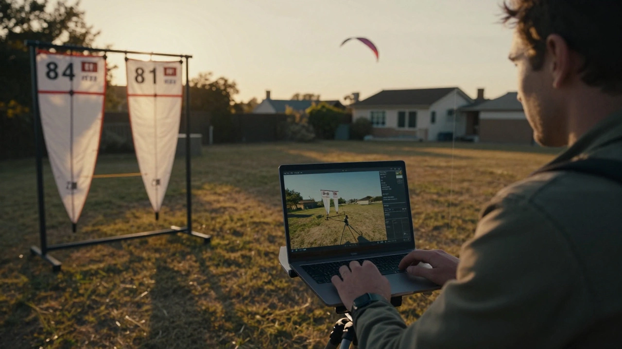 A pilot practicing alone in a backyard, watching a digital pattern overlay on the ground from a laptop.
